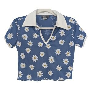 Uncivilized‎ VTG 90s Y2K Daisy Polo Shirt Women S Blue Floral V-Neck Baby Tee
